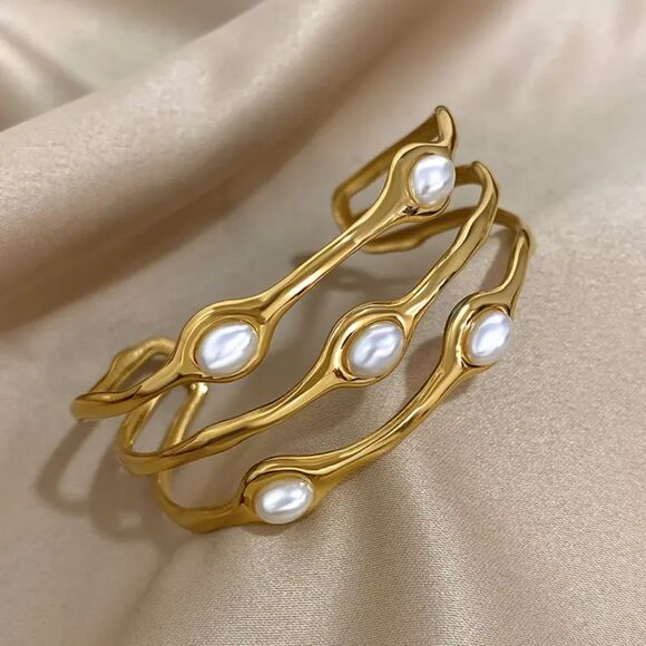 "Aubrey" Gold and Pearl Cuff Bangle Bracelet- Subtle Sophistication - Picture 2 of 3